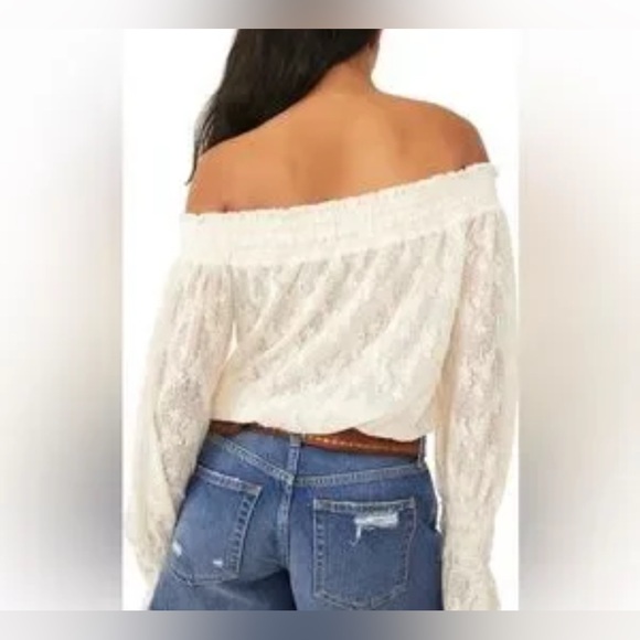 Free People White Smocked Floral Emily Lace Off the Shoulder Top Size: Medium - Picture 3 of 6